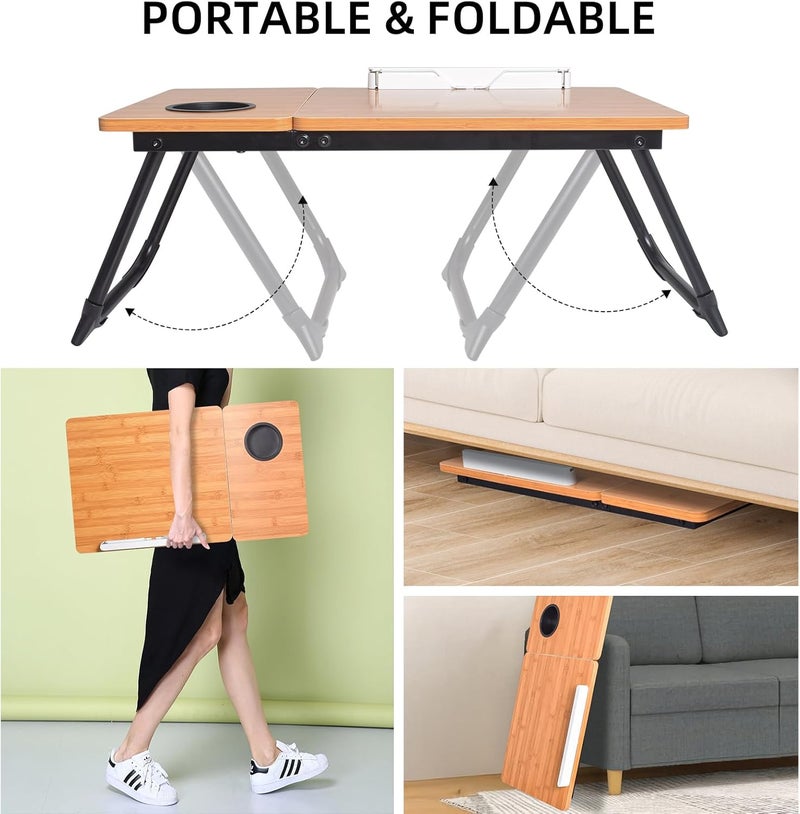 wishacc Adjustable Laptop Bed Table with Book Stand, Portable Reading Desk with Side Panel, Wood Grain - Image 5